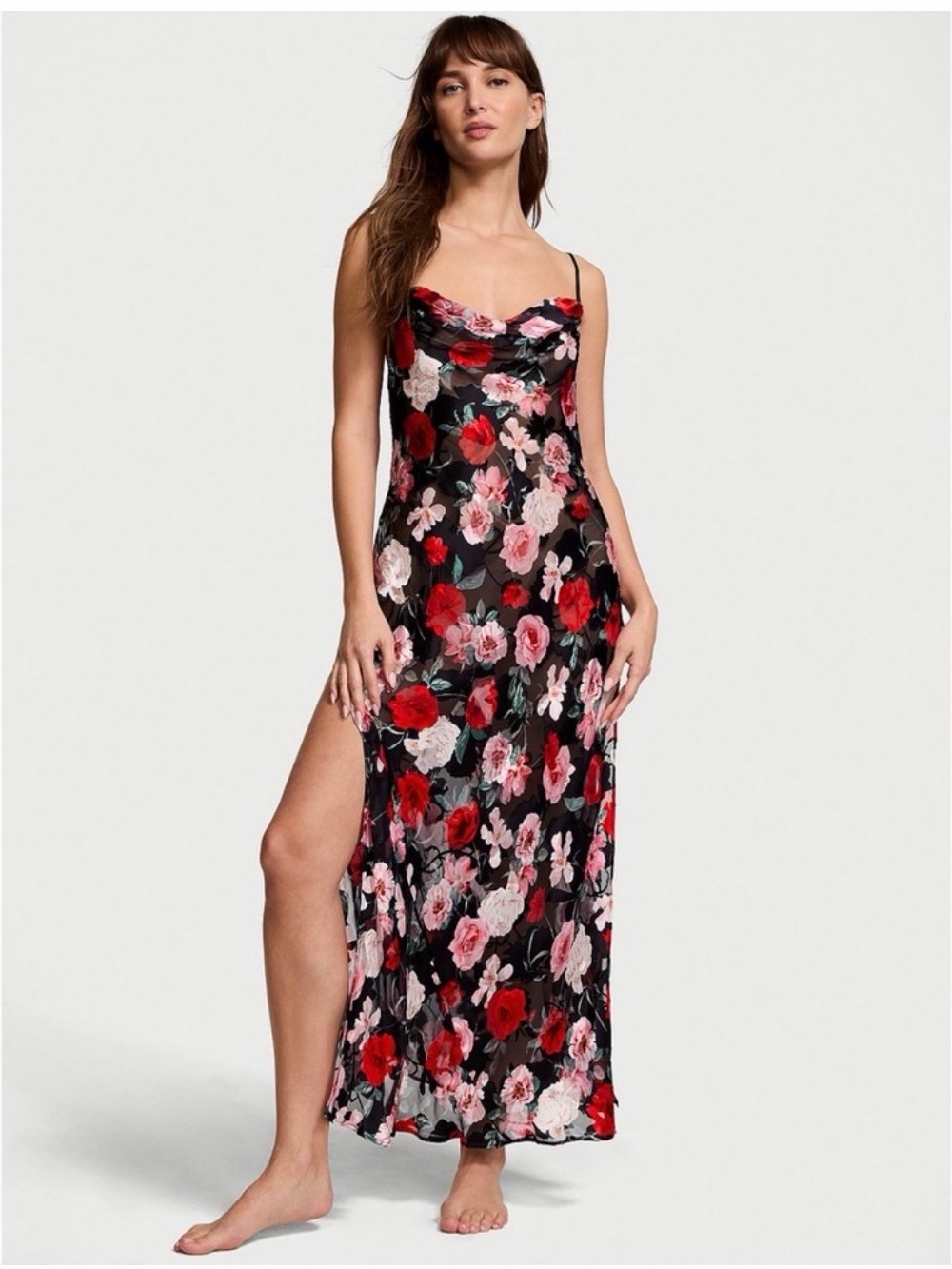 Victoria’s Secret Atelier Noir Burnout Silk Floral Plunge-Back Lace Gown
